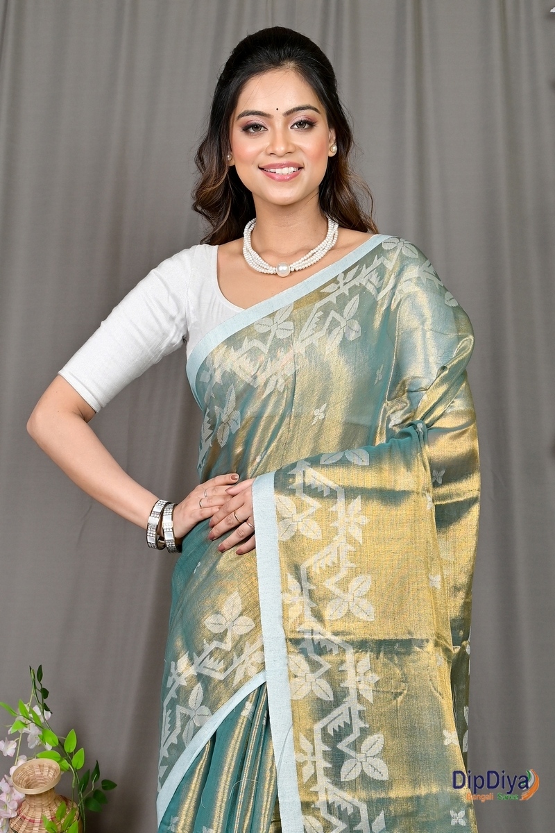Olive Green Cotton Silk Parashar Tissue Jamdani Saree (293)